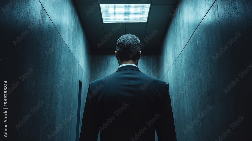 A man in a suit is walking down a hallway A man in a suit is walking down a hallway