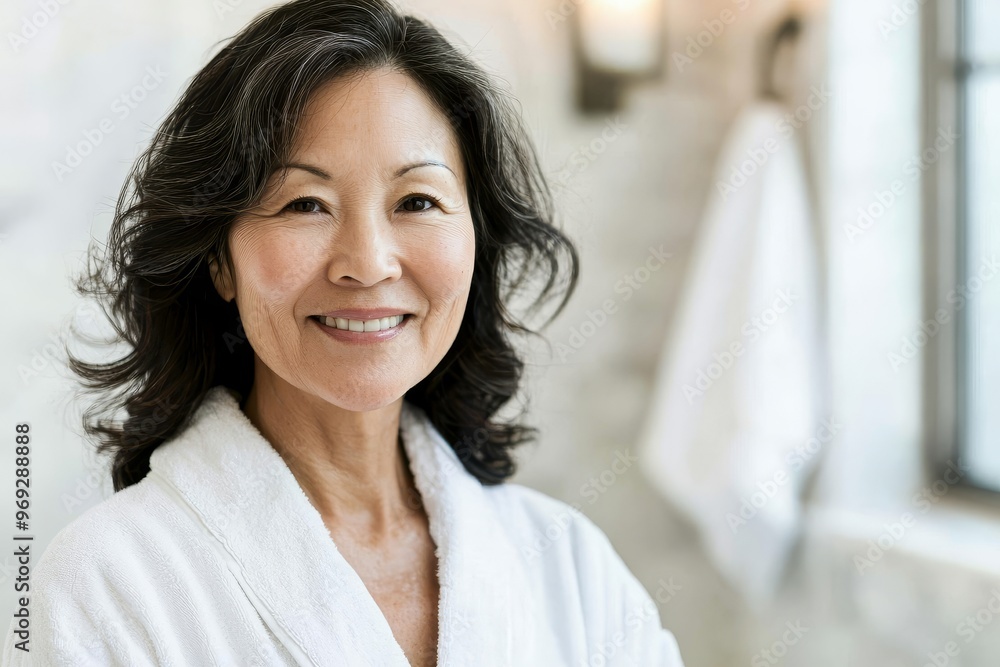 The image shows a stunning Asian woman in her mid-50s standing in the bathroom after taking a shower The image shows a stunning Asian woman in her mid-50s standing in the bathroom after taking a shower