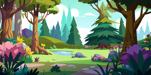 a colorful cartoon illustration of a forest scene. It features tall trees with thick trunks and green foliage, some of which have yellow flowers. In the background, there are more trees