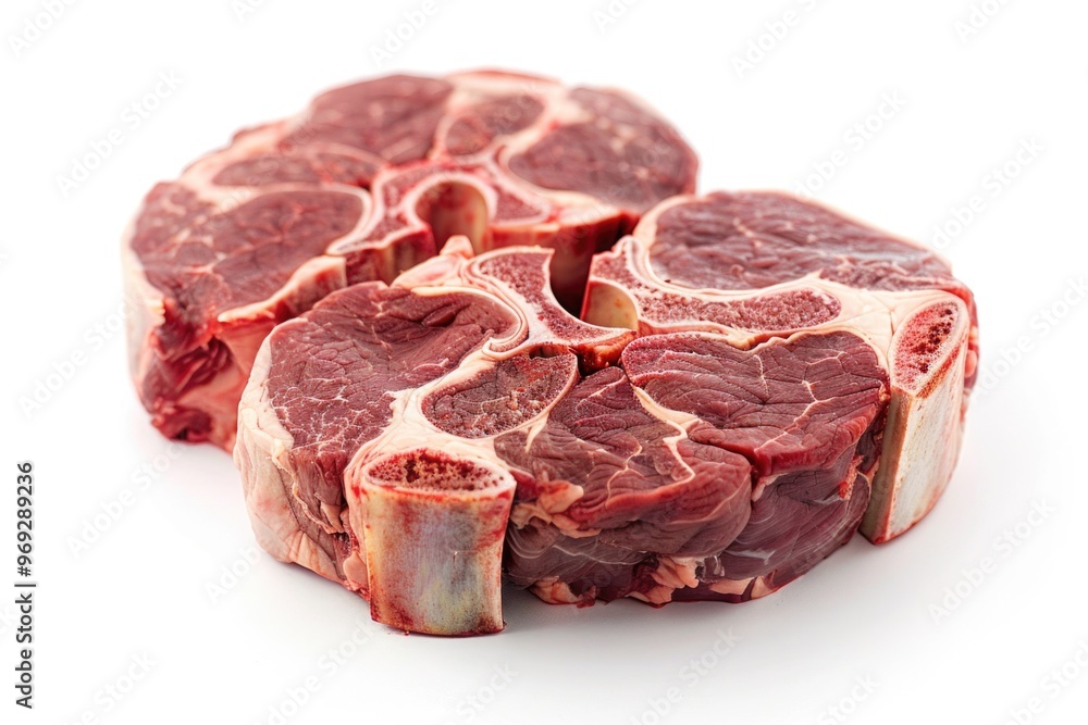 Obraz premium Fresh and raw meat displayed on a clean white surface