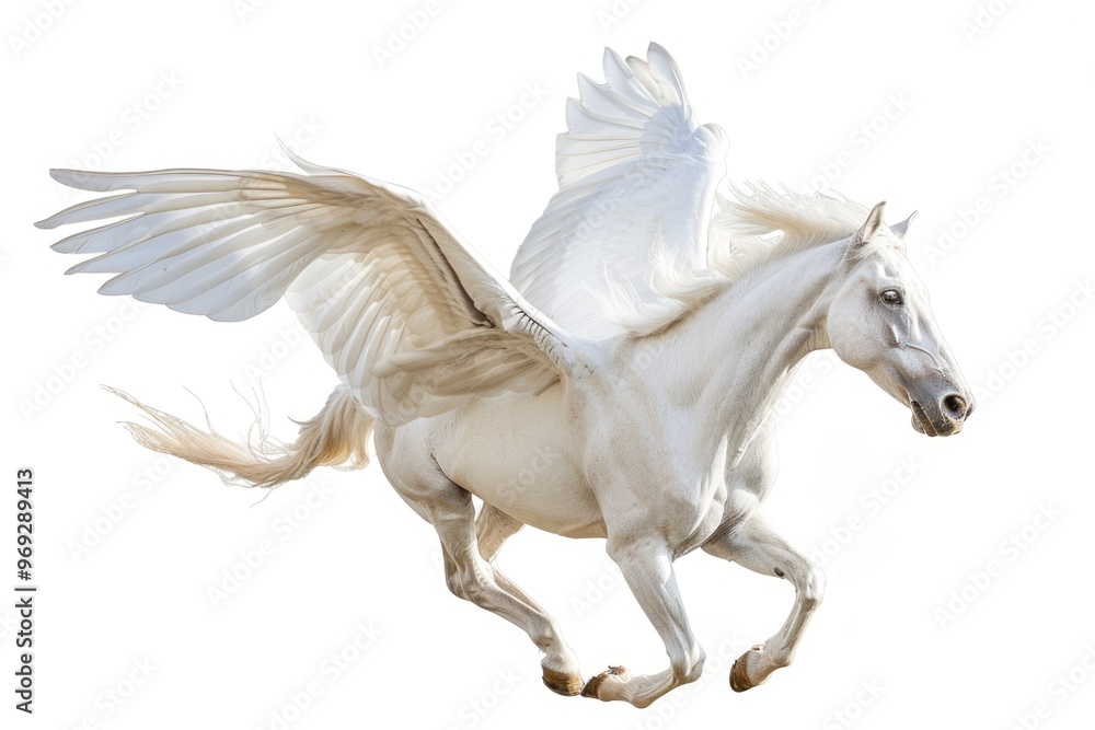 A majestic white horse with wings soaring through the air A majestic white horse with wings soaring through the air