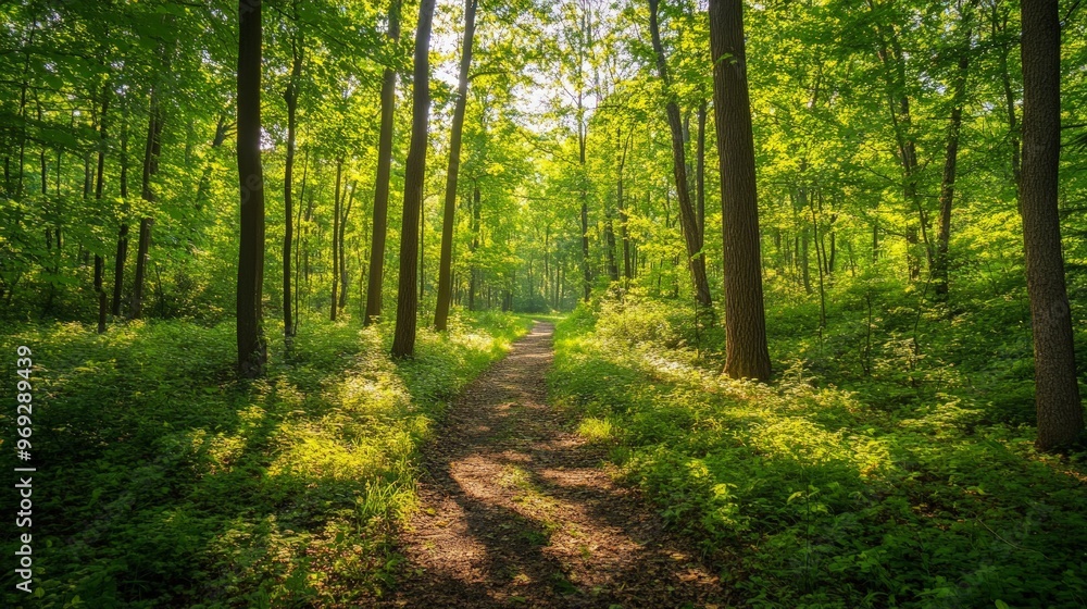 Fototapeta premium Lush green forest with sunlight filtering through the leaves, casting dappled light on a winding path.