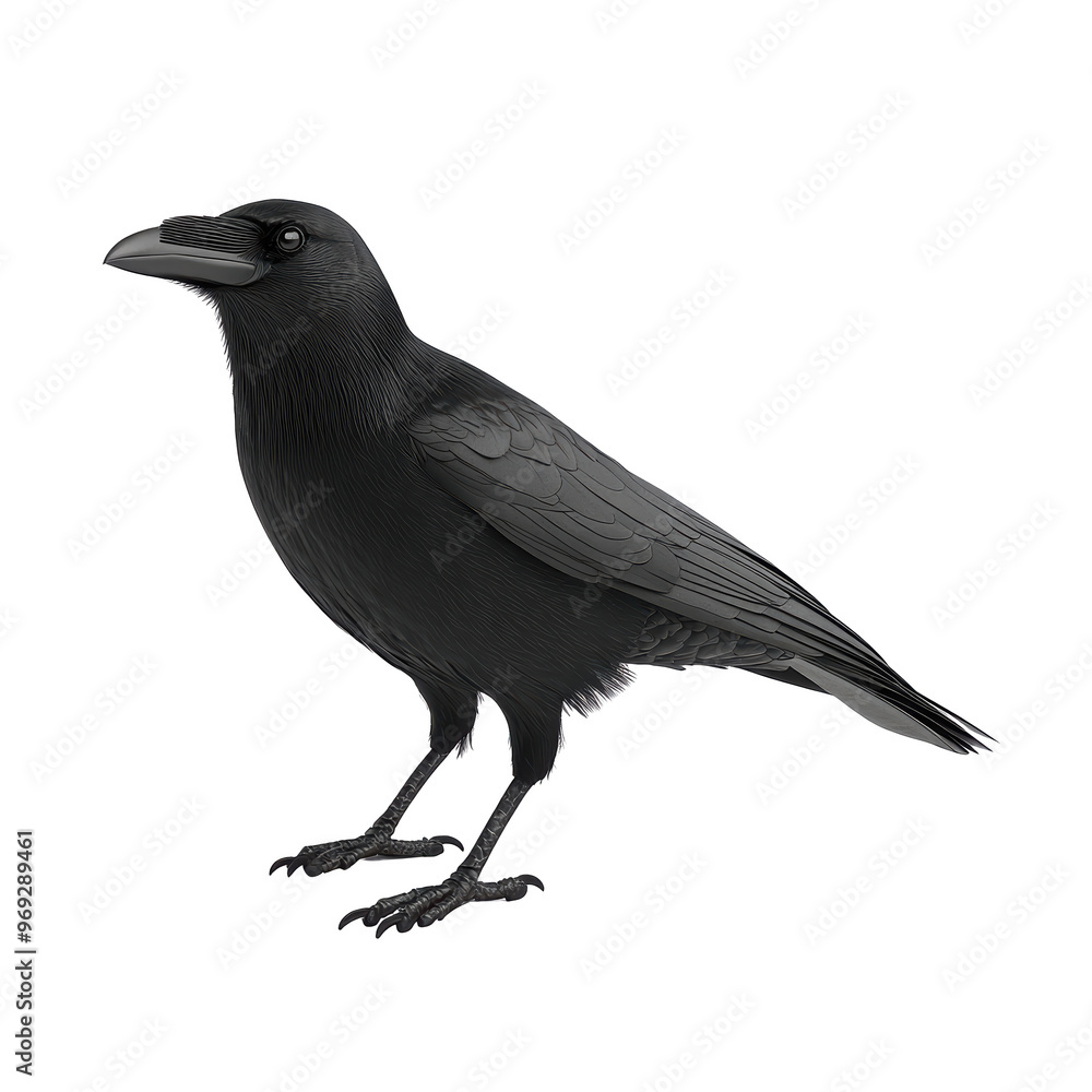 Fototapeta premium A detailed illustration of a solitary raven standing on a transparent background, showcasing its black feathers, sharp beak, and enigmatic presence.