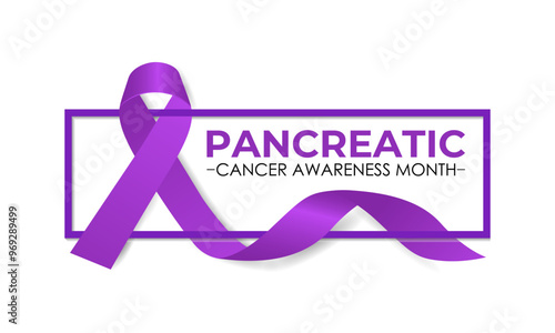 Vector illustration of  Pancreatic Cancer awareness month is observed every year in November. 
Calligraphy and Realistic purple ribbon. Vector illustration transparent background.