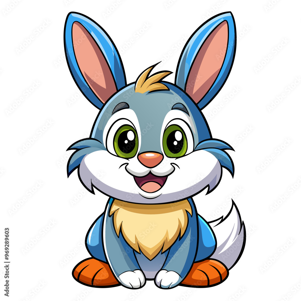 Obraz premium a cartoon illustration of a cute, smiling bunny. The bunny has large, expressive green eyes and big ears with pink insides. Its fur is primarily blue, with a white face, belly, and tail