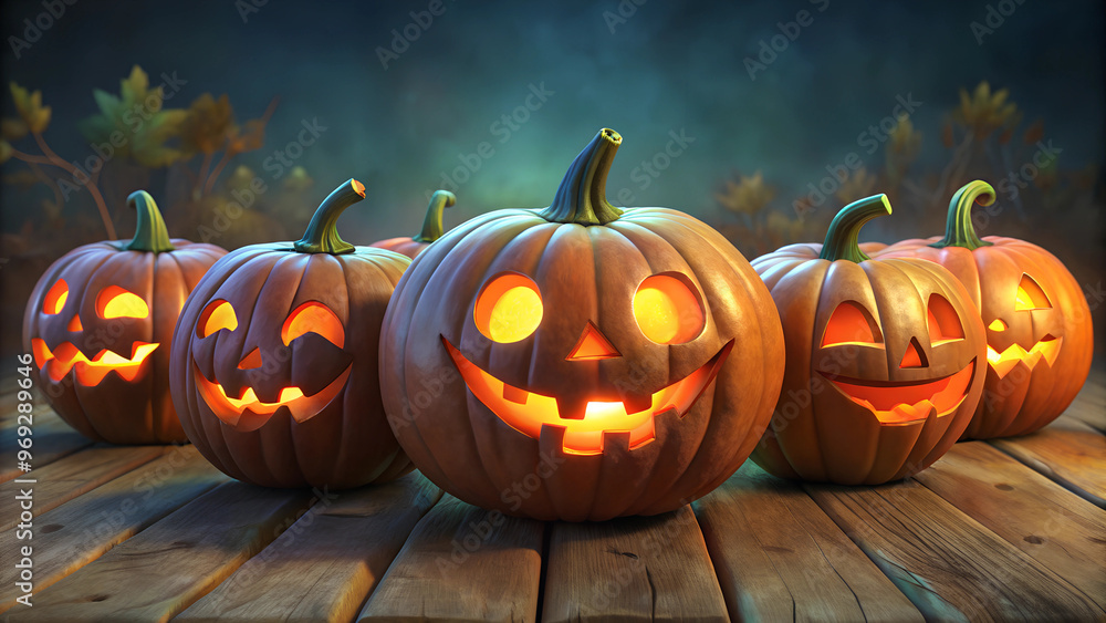 Photorealistic image with a group of smiling pumpkins-Jack-o'-lanterns Photorealistic image with a group of smiling pumpkins-Jack-o'-lanterns