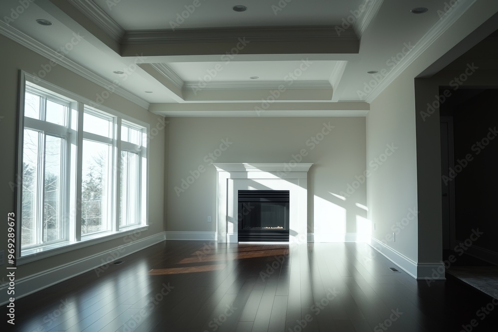A modern two-sided fireplace with windows coming outdoors in a model house, apartment or house with a balcony A modern two-sided fireplace with windows coming outdoors in a model house, apartment or house with a balcony