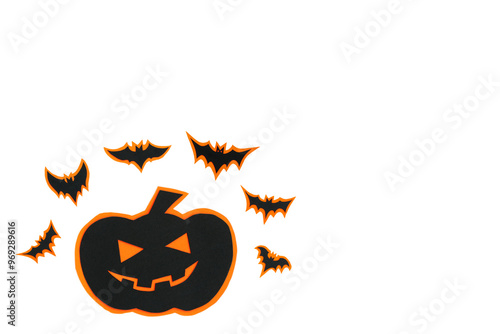 Happy halloween pumpkin smile and bats make from black paper cut on white background, Decorative Halloween concept