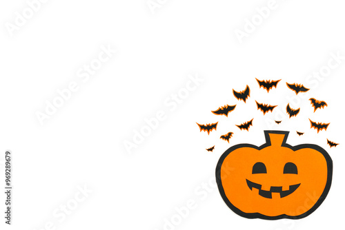 Happy halloween pumpkin smile and bats make from black paper cut on white background, Decorative Halloween concept