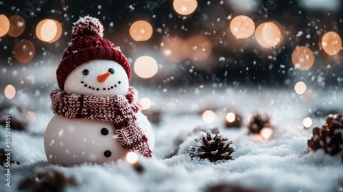 A smiling snowman adorned with a cozy red hat and matching scarf in a wintry setting, surrounded by soft snow and glowing lights, creating a festive and charming atmosphere.