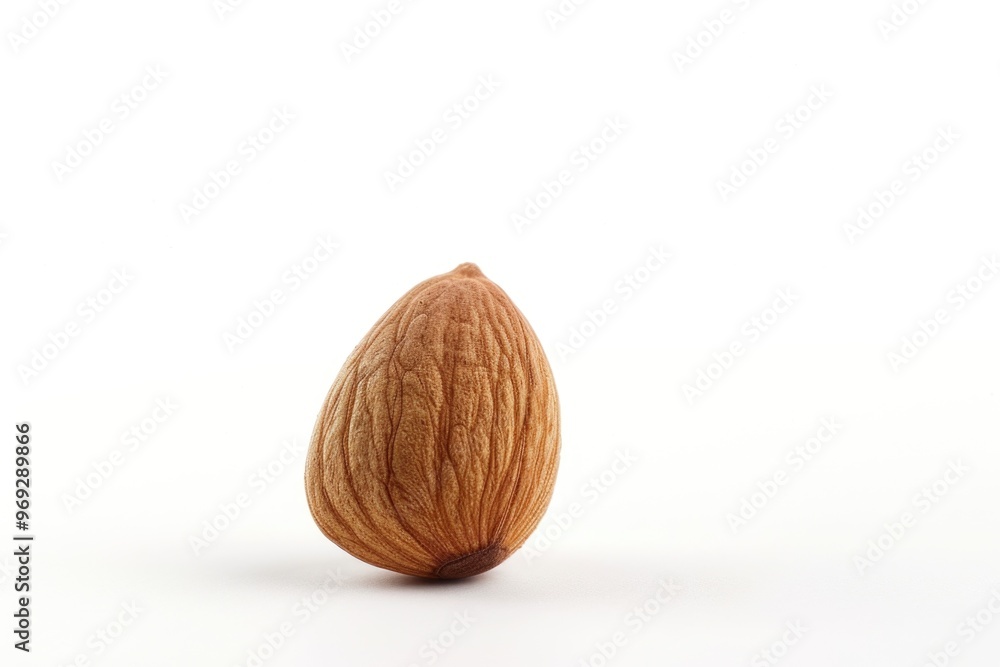 A single almond sits alone on a white surface A single almond sits alone on a white surface