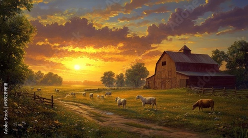 Wallpaper Mural Peaceful farm scene with grazing animals, a rustic barn, and a golden sunset casting a warm glow. Torontodigital.ca