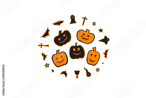 Happy halloween, pumpkin smile, ghost, bats, christian cross and grave make from black paper cut on white background, Decorative Halloween concept