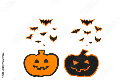 Happy halloween pumpkin smile and bats make from black paper cut on white background, Decorative Halloween concept