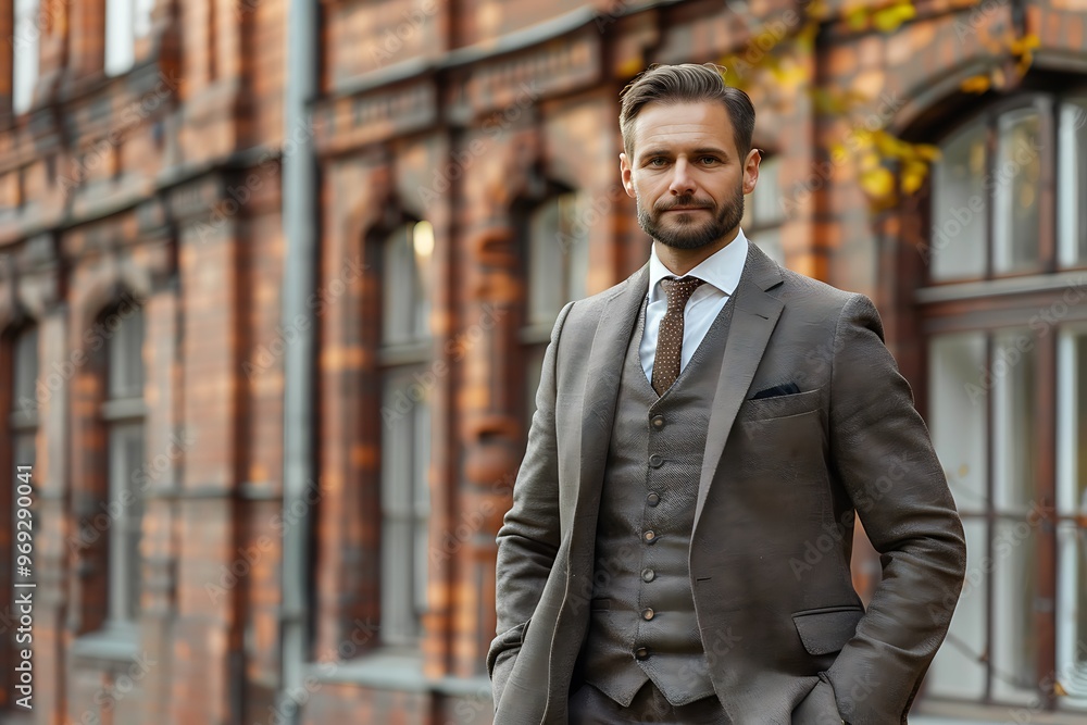Businessman in a Sharp Suit, Standing in Front of Historic Building, Copy Space, Portrait Shot Businessman in a Sharp Suit, Standing in Front of Historic Building, Copy Space, Portrait Shot