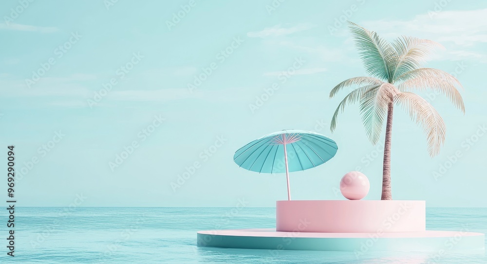 Obraz premium This is a 3D render of a simple white podium display on a blue background decorated with cute summer elements like beach umbrella, ball, tree and sunglasses, a design concept for a travel