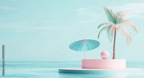 This is a 3D render of a simple white podium display on a blue background decorated with cute summer elements like beach umbrella, ball, tree and sunglasses, a design concept for a travel photo