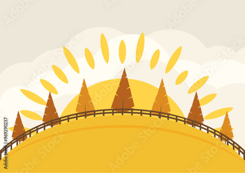 Autumn landscape in simple style vector background. Yellow and brown trees on hill flat illustration