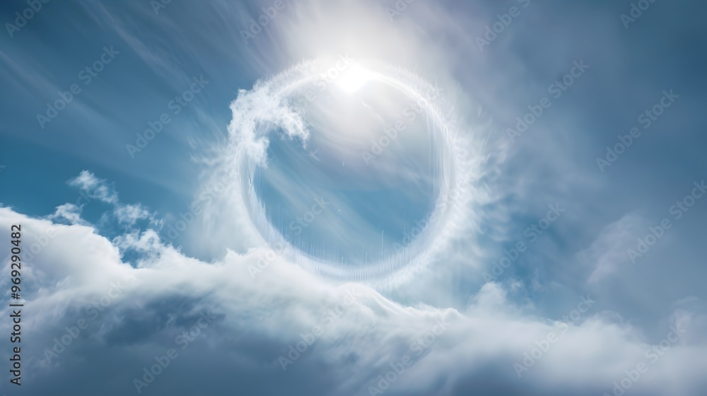 Blue cloudy sky with a ring of light, holy, atmosphere, mysterious, light, HD, wallpaper banner background Blue cloudy sky with a ring of light, holy, atmosphere, mysterious, light, HD, wallpaper banner background