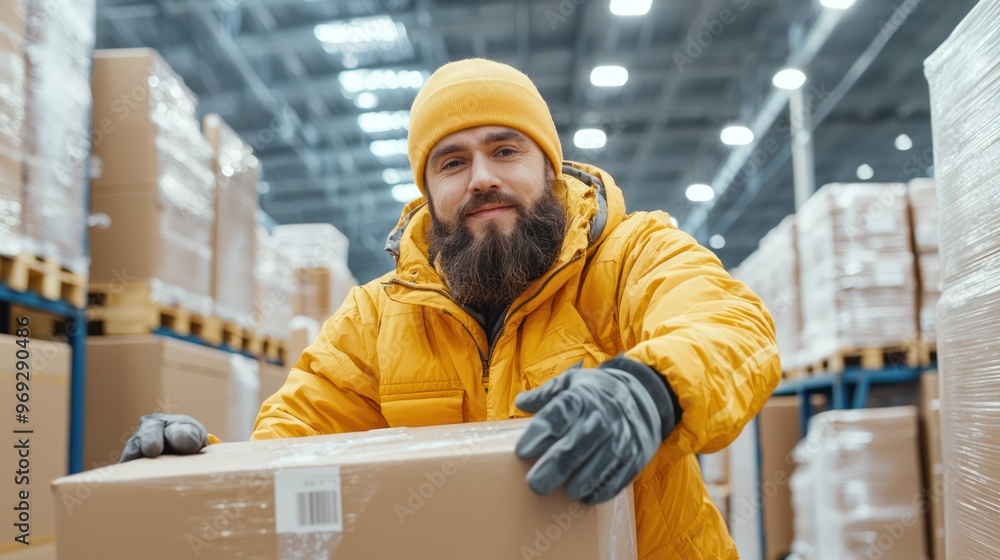 Quality Control Inspector Examining Packaging for Shipments with Cinematic Lighting Effect and Hyper-Realistic Detail, Generative AI Quality Control Inspector Examining Packaging for Shipments with Cinematic Lighting Effect and Hyper-Realistic Detail, Generative AI