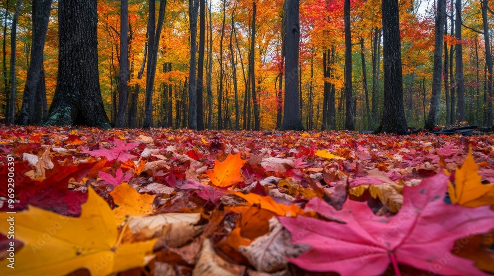 Vibrant autumn forest with leaves in shades of red, orange, and yellow carpeting the ground. Vibrant autumn forest with leaves in shades of red, orange, and yellow carpeting the ground.