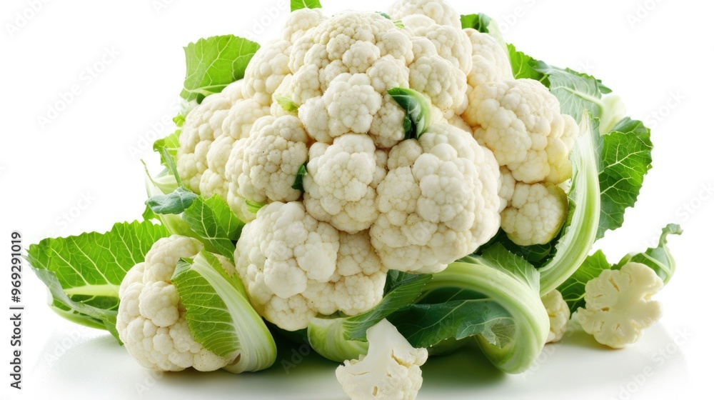 A fresh head of cauliflower sitting on a clean white surface A fresh head of cauliflower sitting on a clean white surface