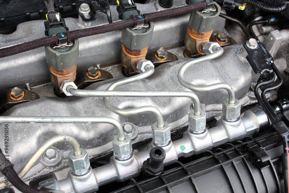 Diesel engine fuel rail. Fuel system of car. Diesel engine injectors ...