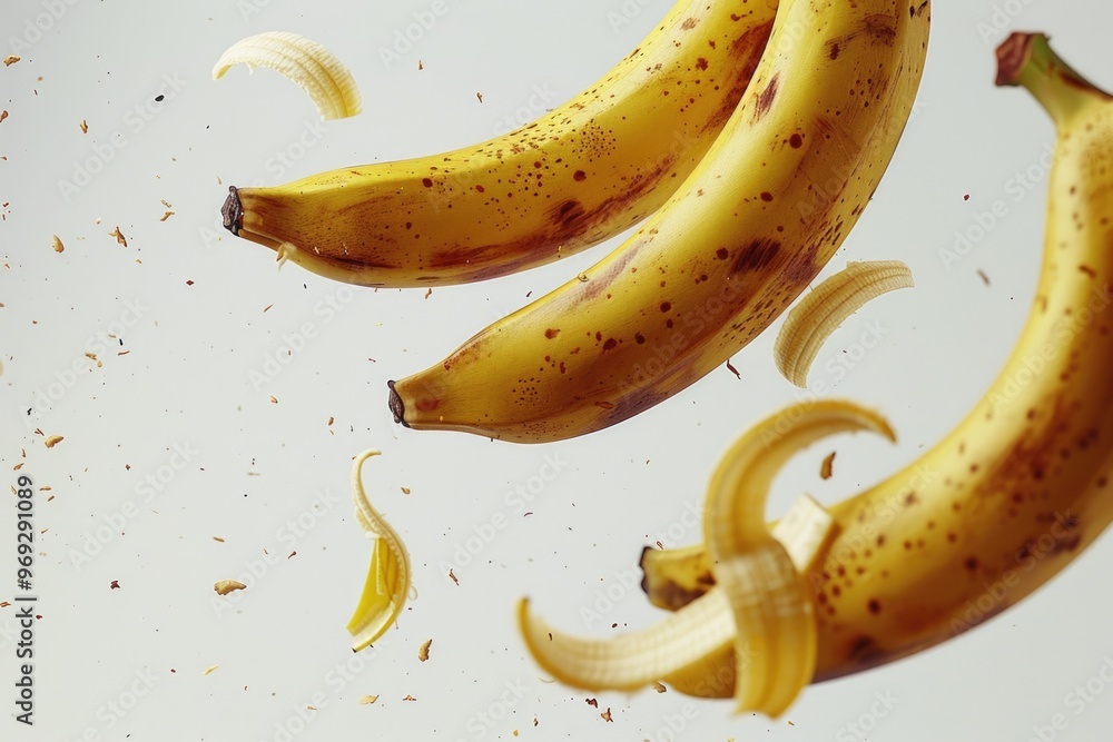 Fresh bananas suspended in flight, perfect for various commercial and creative uses Fresh bananas suspended in flight, perfect for various commercial and creative uses