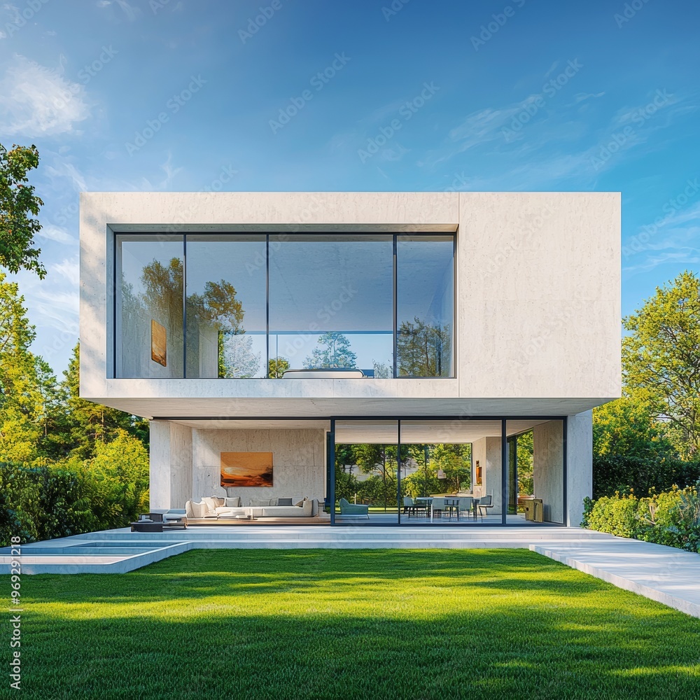 An image of a white modern house in 3D with a large concrete terrace and a lawn yard in the back. An image of a white modern house in 3D with a large concrete terrace and a lawn yard in the back.