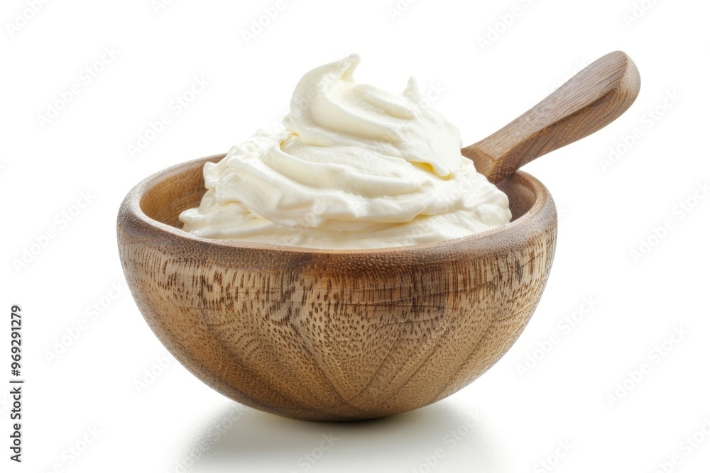 A bowl of sweet whipped cream served with a wooden spoon, perfect for desserts or toppings A bowl of sweet whipped cream served with a wooden spoon, perfect for desserts or toppings