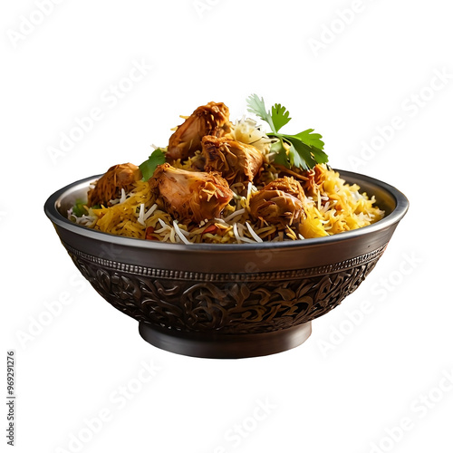 A bowl of biryani with chicken pieces on a transparent background