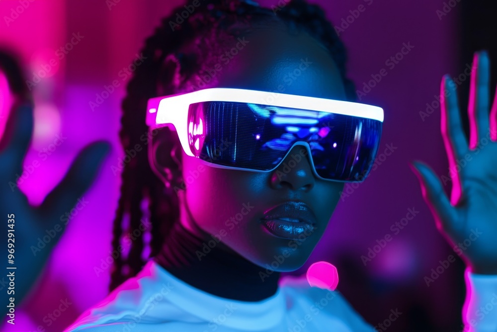 The Metaverse is a digital cyber world technology, depicting a woman with VR goggles playing augmented reality in the future. The Metaverse is a digital cyber world technology, depicting a woman with VR goggles playing augmented reality in the future.