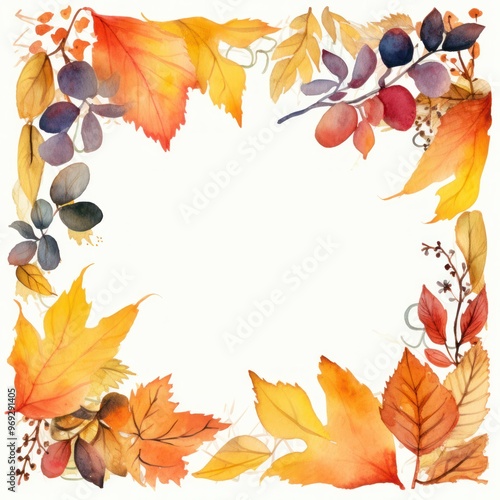 Autumn Leaves Watercolor Frame. Fall Background with Copy Space