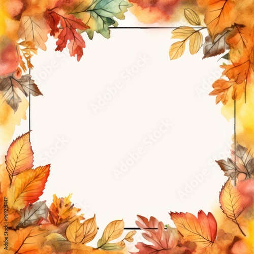 Autumn Leaves Watercolor Frame. Fall Background with Copy Space