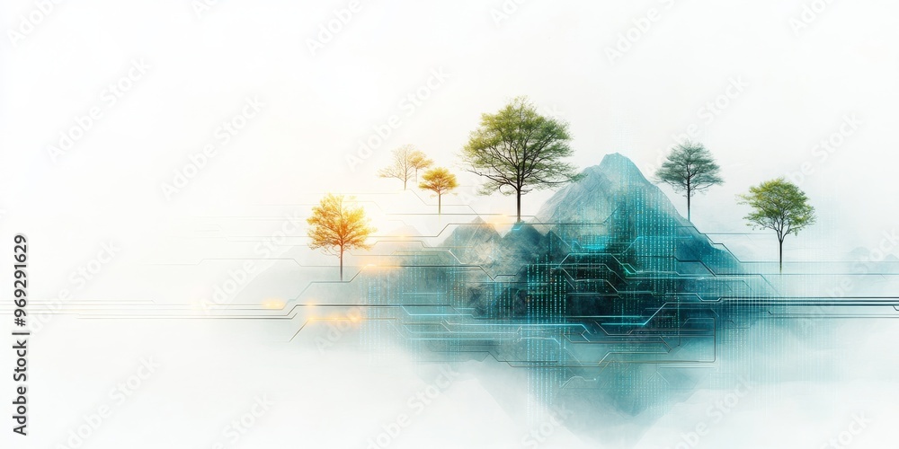 An abstract representation of a digital landscape, combining circuit ...