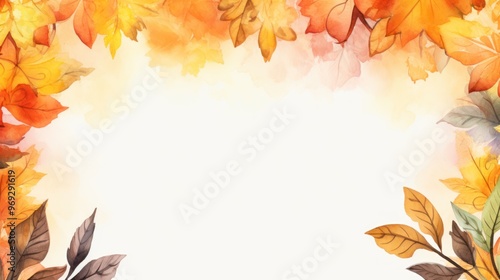 Autumn Leaves Watercolor Frame. Fall Background with Copy Space