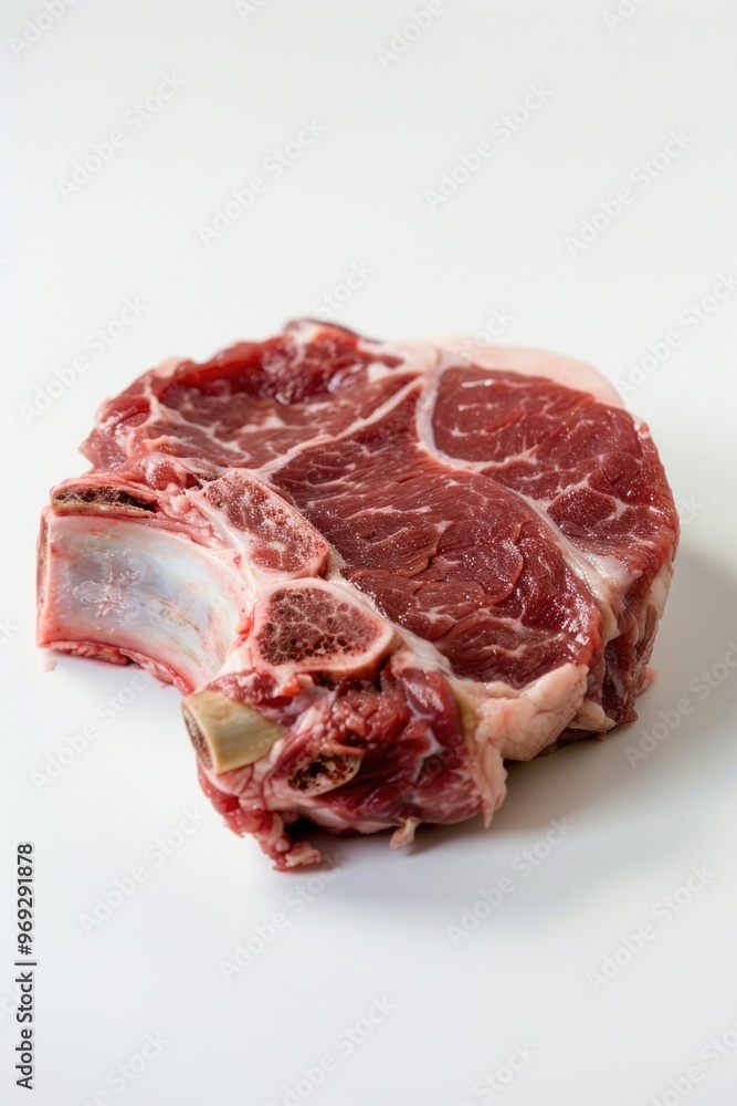 A piece of raw meat sits on a clean white surface A piece of raw meat sits on a clean white surface