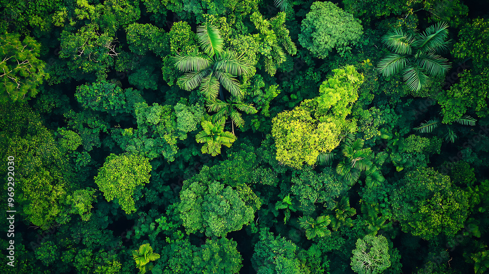 Naklejka premium A dense section of the Amazon rainforest, featuring vibrant green foliage and towering tropical trees 