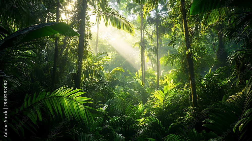 Naklejka premium A dense section of the Amazon rainforest, featuring vibrant green foliage and towering tropical trees 