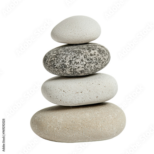 A balanced stack of four smooth stones, showcasing harmony and zen in a minimalist arrangement on a white background.