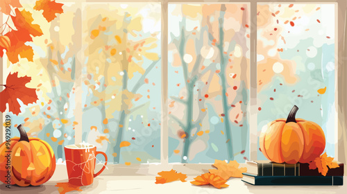 Pumpkins Autumn Decor and Books on Window Sill Cozy Fall Theme