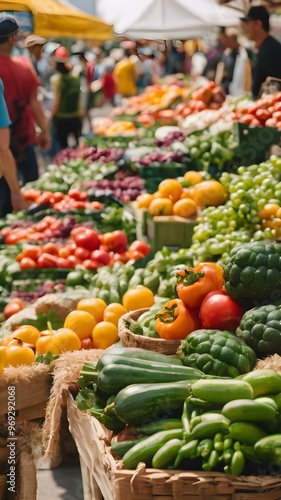 A bustling farmers market with fresh organic produce, local vendors, and vibrant food stalls