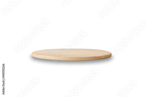 Front view of round wooden cutting board isolated on a white background with clipping path.