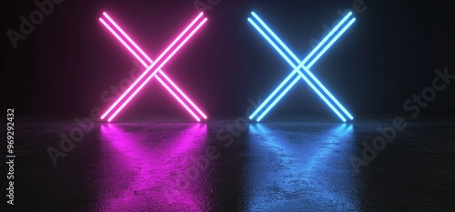 Futuristic Sci Fi Blue And Purple Neon Tube Lights Glowing In Concrete Floor Room With Reflections Empty Space 3D Render