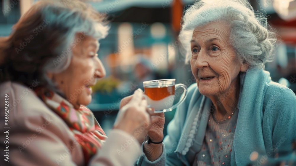 Two elderly women sit at a table with cups of tea, enjoying each other's company Two elderly women sit at a table with cups of tea, enjoying each other's company