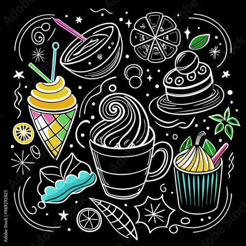 Vibrant Dessert and Beverage Doodle Art on Black Canvas