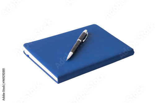 Marine blue closed and open lined notebooks with a pen isolated on white background with clipping path.