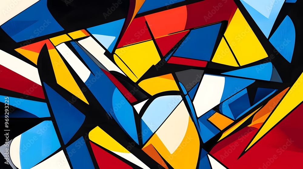 Fototapeta premium Bold abstract composition with a mix of sharp and smooth elements in primary colors.