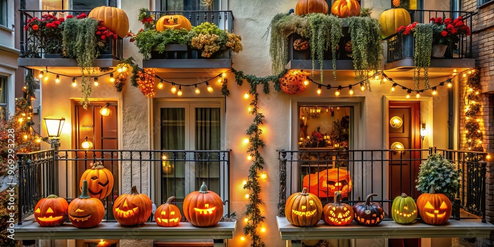 Transform your balcony into a spooky haven with a trio of key decorations: pumpkins, lanterns, and garlands that Transform your balcony into a spooky haven with a trio of key decorations: pumpkins, lanterns, and garlands that