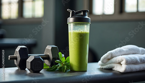 Refreshing green protein shake beside dumbbells and a towel, symbolizing fitness and healthy living in a modern gym environment.